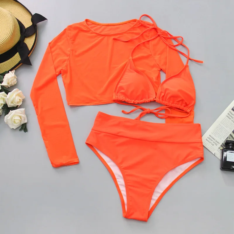 

Solid bikini 2021 Mesh 3 pieces set Sexy cover ups neon swimwear female long sleeve swimming suit Sports bathing suit