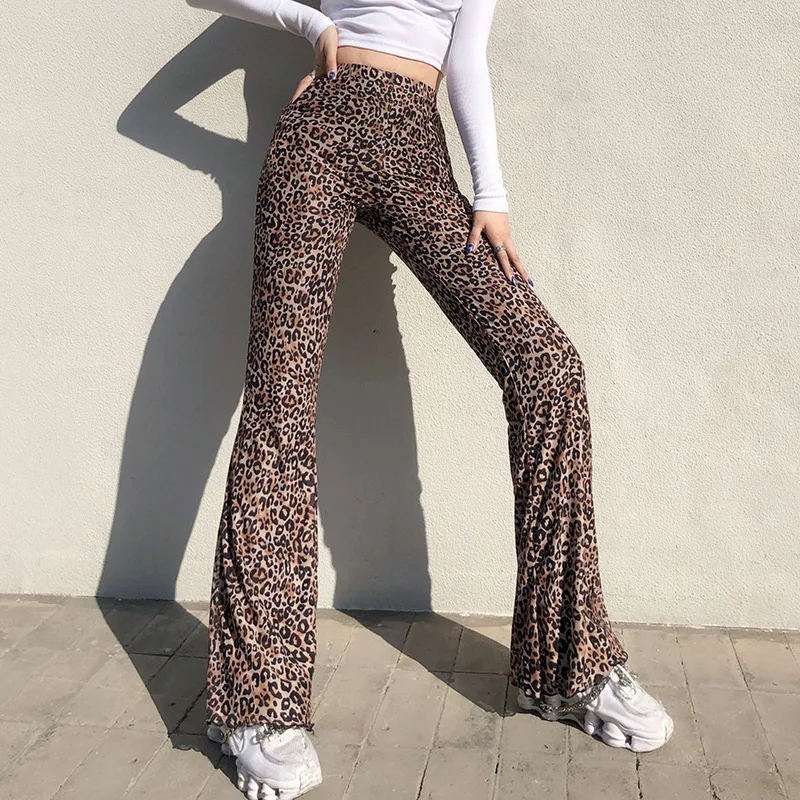 

90s Leopard Print Flare Pants Y2K E-girl Slim Animal Print High Waist Long Pants Wild Autumn Vintage Outfits Clothes Streetwear