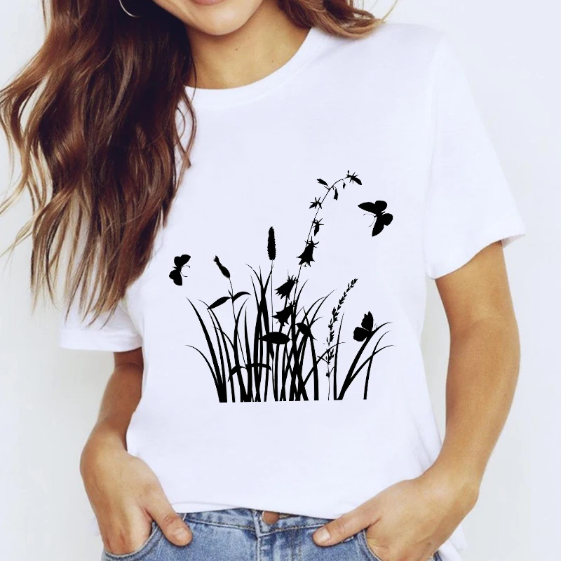 

Beautiful spring/summer Butterfly Cartoon Aesthetic Flower Floral Clothing Print Lady Graphic T Shirt Ladies Female Harajuku Tee