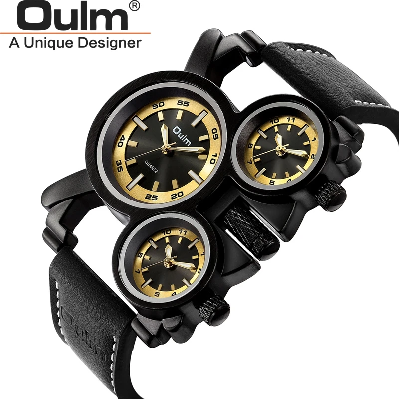 

Retro Men's Watches Oulm New 1167 Male Quartz Clock Unique Design 3 Time Zone Casual Leather Men Sport Wristwatches