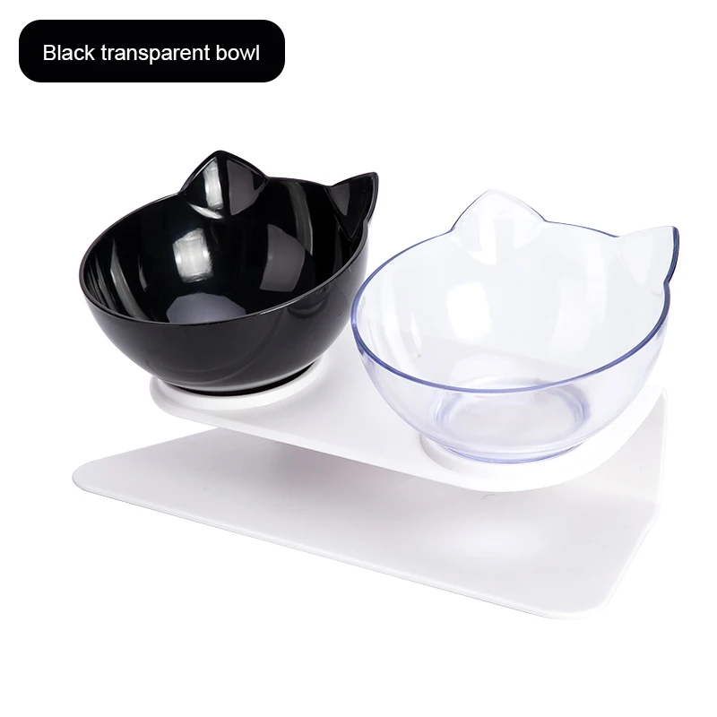 

Pet Bowl Cat Double Bowl Transparent AS Material Non-slip Food Bowl With Protection Cervical Black Transparent Cat Dog Bowl
