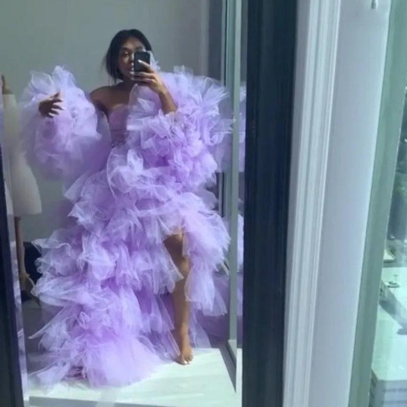 

Ins Fashion Prom Dresses Lilac Gorgeous Evening Dress Vestidos Longo Lavender Evening Party Gowns Tiered robe de soiree