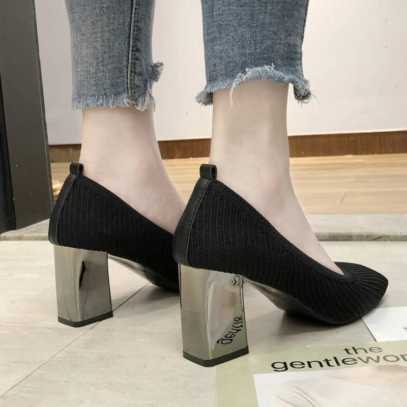 Обувь с серебряными каблуками tacones женские стрейч flyweaving туфли лодочки квадратным