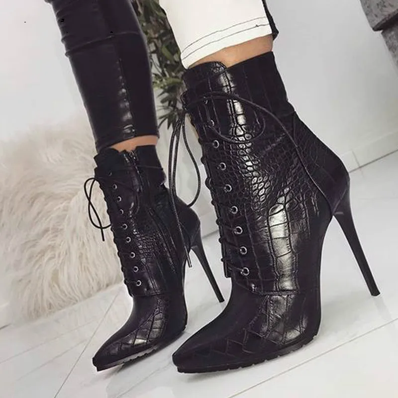 

2020 New Black Snakeskin Grain Ankle Boots for Women High Heels Pointed Toe Ladies Boots Sexy Lace-Up Boots Size 35-42ZH100249