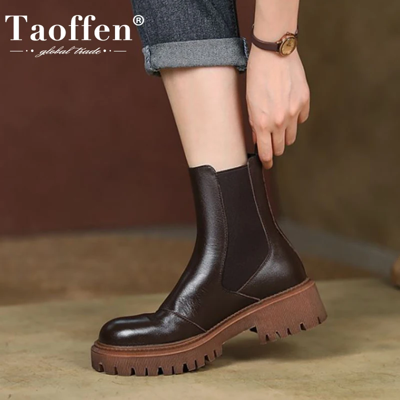 

Taoffen/женские короткие ботинки; Обувь из натуральной кожи на толстой подошве без застежки; Женские ботильоны; Универсальная обувь в сдержанн...