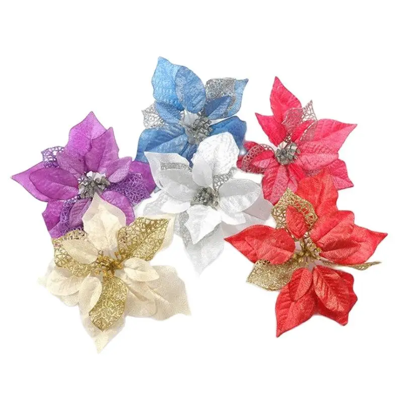 

20pcs Silk Poinsettia Flower Heads with Powder Hollow Petal 8.66” for Christmas Tree Decoration Flowers
