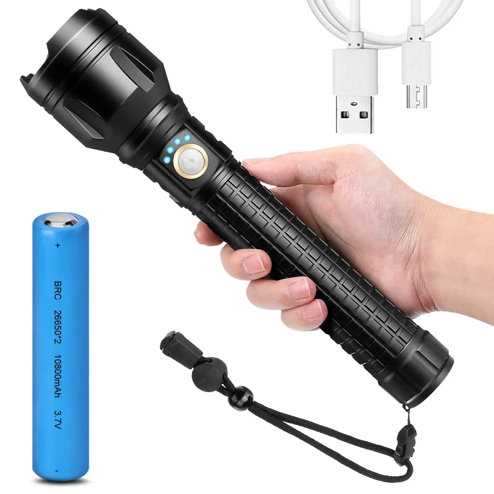 

Long Range 9000lm Powerful Outdoor Work Camping Lighting Torch Light USB Type-C Rechargeable 18650 26650 Battery Self Defence