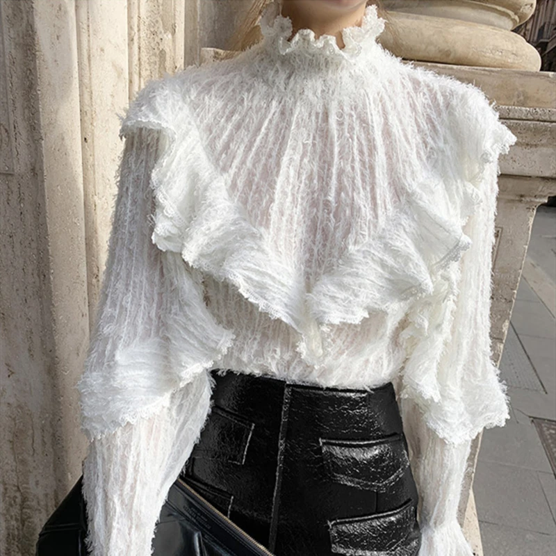 

2021 Spring Women Korean Chic White Blouse New Turtleneck Tassel Lace Bottoming Shirt Flare Long Sleeve Ruffle Basic Elegant Top