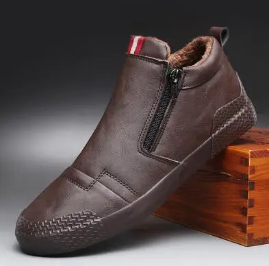 

Nice Winter New Fashion Men slip-on Zipper With Fur Plush Warm Leather Casual Shoes Man Trend Short Boots