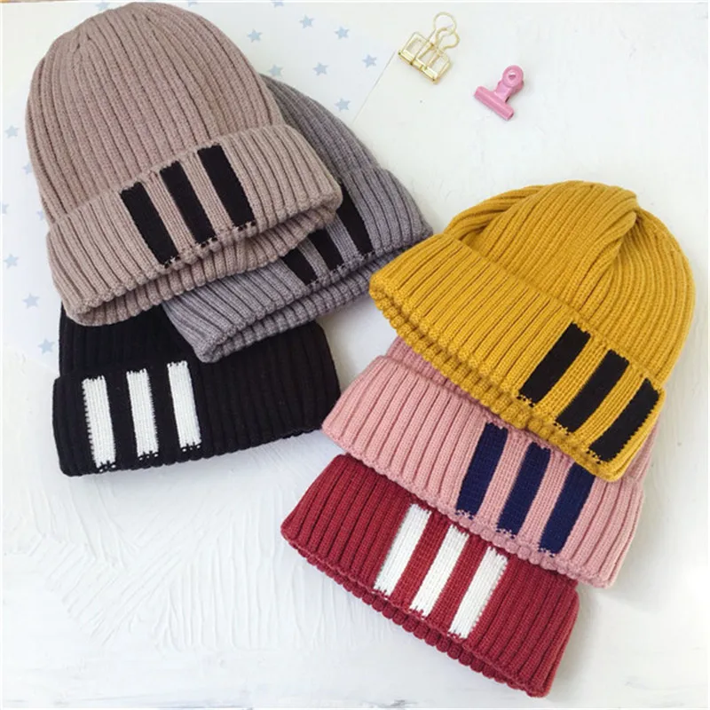 Детская шапка Skullie Beanies для мальчиков и девочек, зимняя однотонная шапка в полоску с ушками, теплые эластичные модные аксессуары