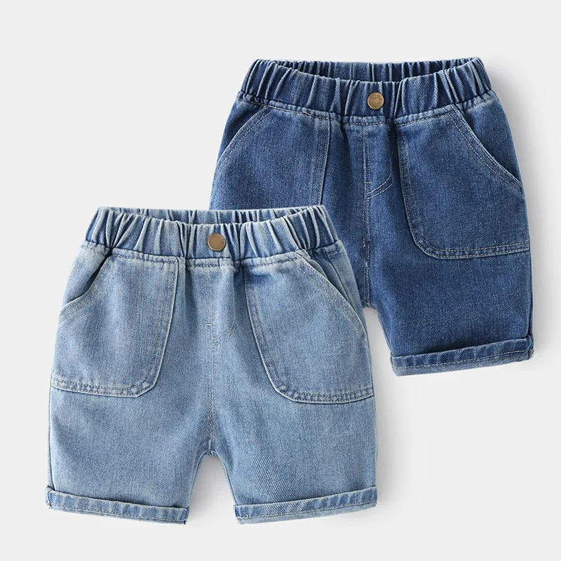 

Новинка 2022, детские летние джинсовые шорты, модные однотонные джинсовые шорты для маленьких мальчиков с карманами, Детские повседневные дж...