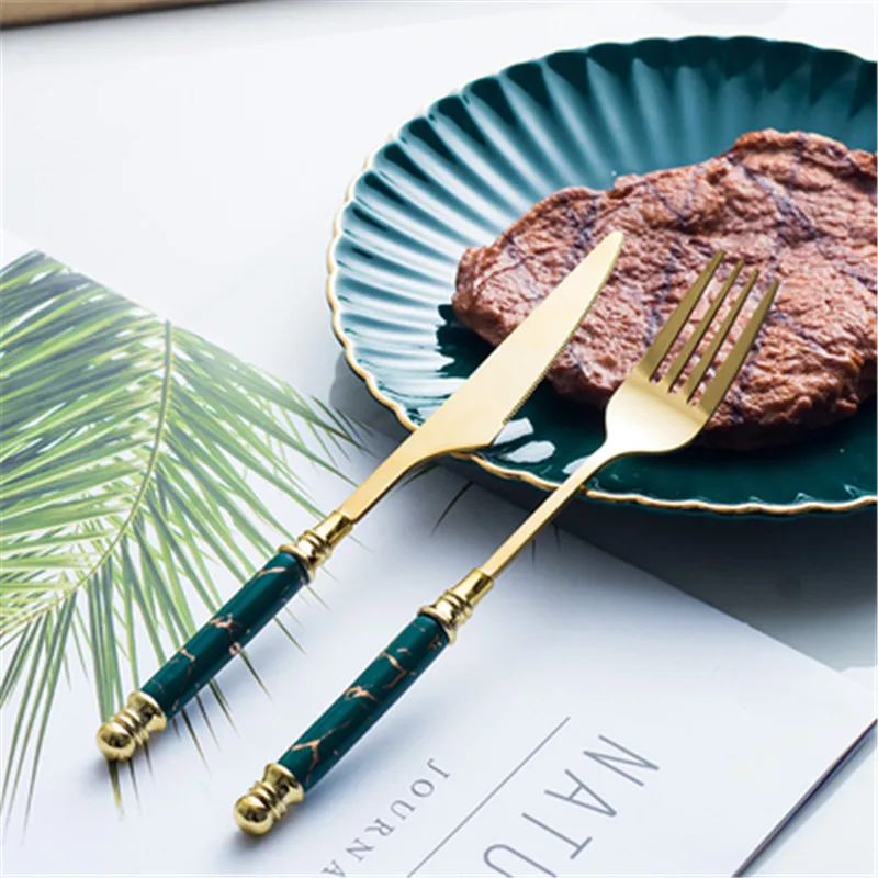 5pcs Green white Ceramic Tableware Fork Spoon Knife Set Vintage Cutlery 304 Stainless Steel Dinner Dinnerware | Дом и сад