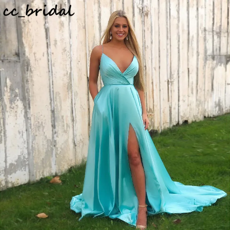 

Depp V-neck Long Prom Dresses With Split 2020 Elegant A-line rochii Evening Gowns With Pocket vestidos de gala