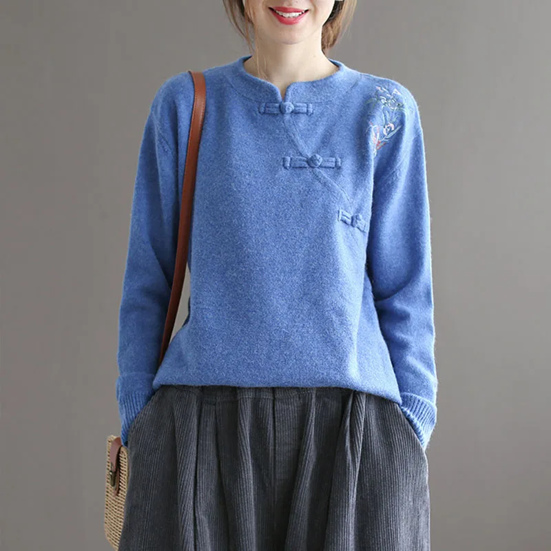 Женский винтажный свитер с вышивкой Johnature Свободный вязаный на пуговицах длинным