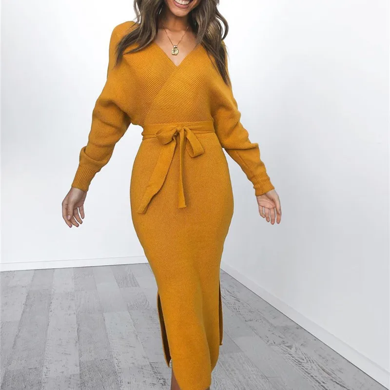 Женское трикотажное платье-свитер с длинным рукавом и V-образным вырезом |