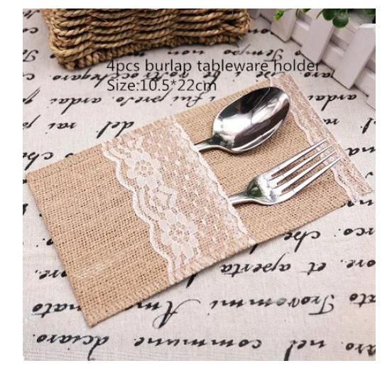 4 шт. джутовых шнурков кружева мешочек для столовых приборов рустикальная