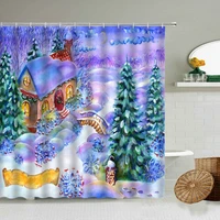 cartoon merry christmas shower curtain happy new year xmas tree fairy wooden house snow scene child bathroom with hook screen