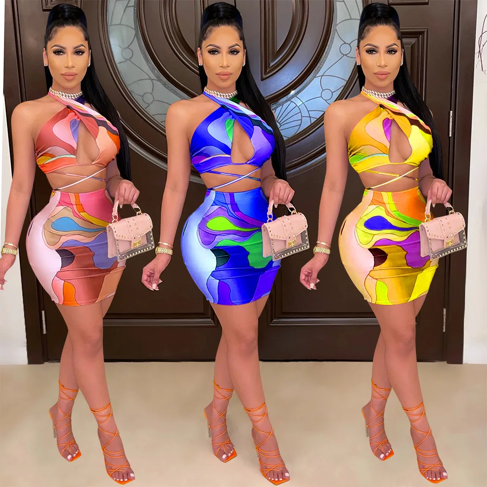 

Summer New Fashion Women's Sexy Hollow Halter Nightclub Party Hanging Neck Two-Piece Dress