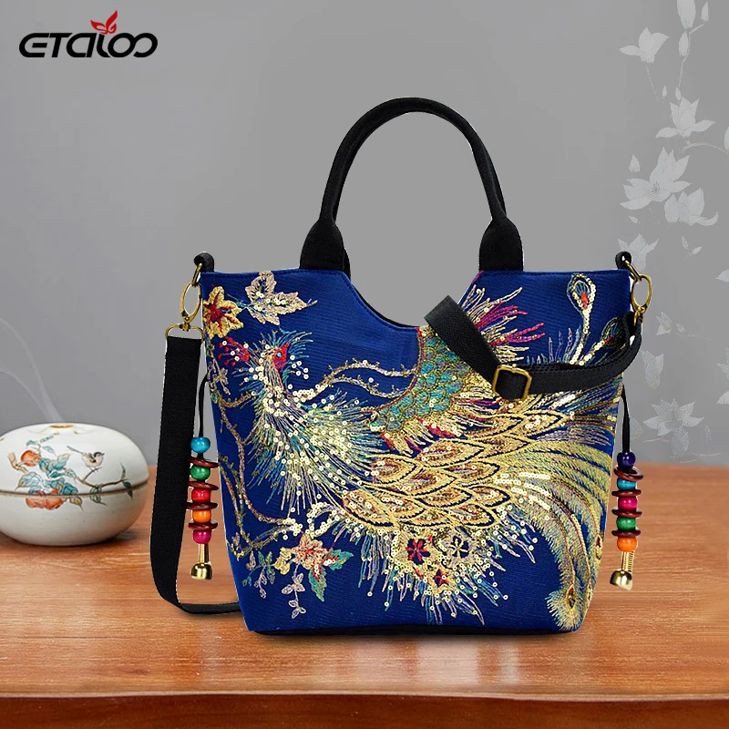 

Women Shoulder Bag Handmade Embroidery Peacock Bohemia Ethnic Style Retro Handbag Large Capacity Tote Messenger Bag for Girl