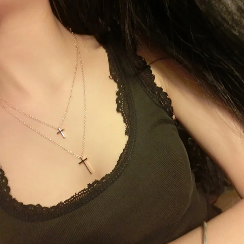 Простое ожерелье с подвеской до ключиц Женская Двойная Цепочка крестом