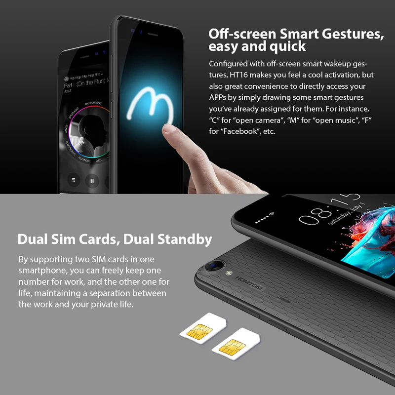 HOMTOM HT16 смартфон на Android 6 0 5 дюймов MTK6580 четырехъядерный 1.3G Гц 1 Гб RAM 8 ROM Wakeup Gesture GPS A