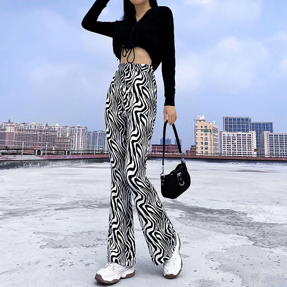 

Расклешенные брюки с принтом зебры, белые и черные эластичные женские брюки с высокой талией, широкие брюки, уличная одежда