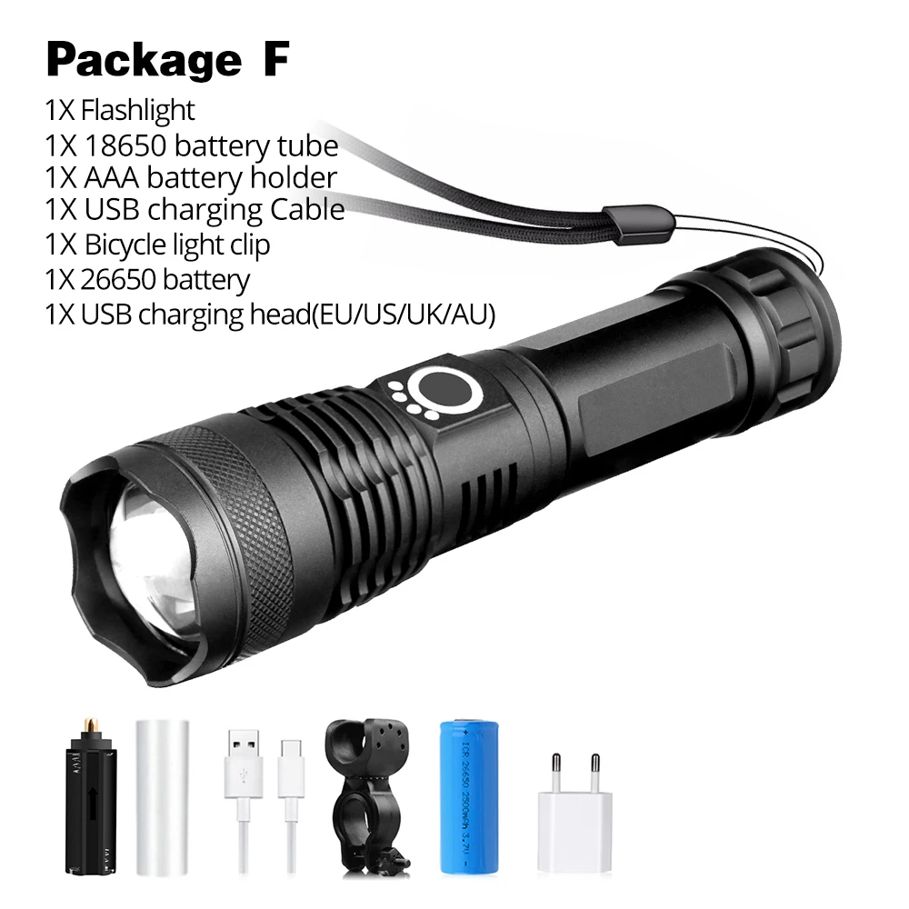 Package F XHP50 Светодиодный велосипедный фонарик 5 режим USB зарядки телескопический зум с использованием 18650 или 26650 - Цвет: Package F
