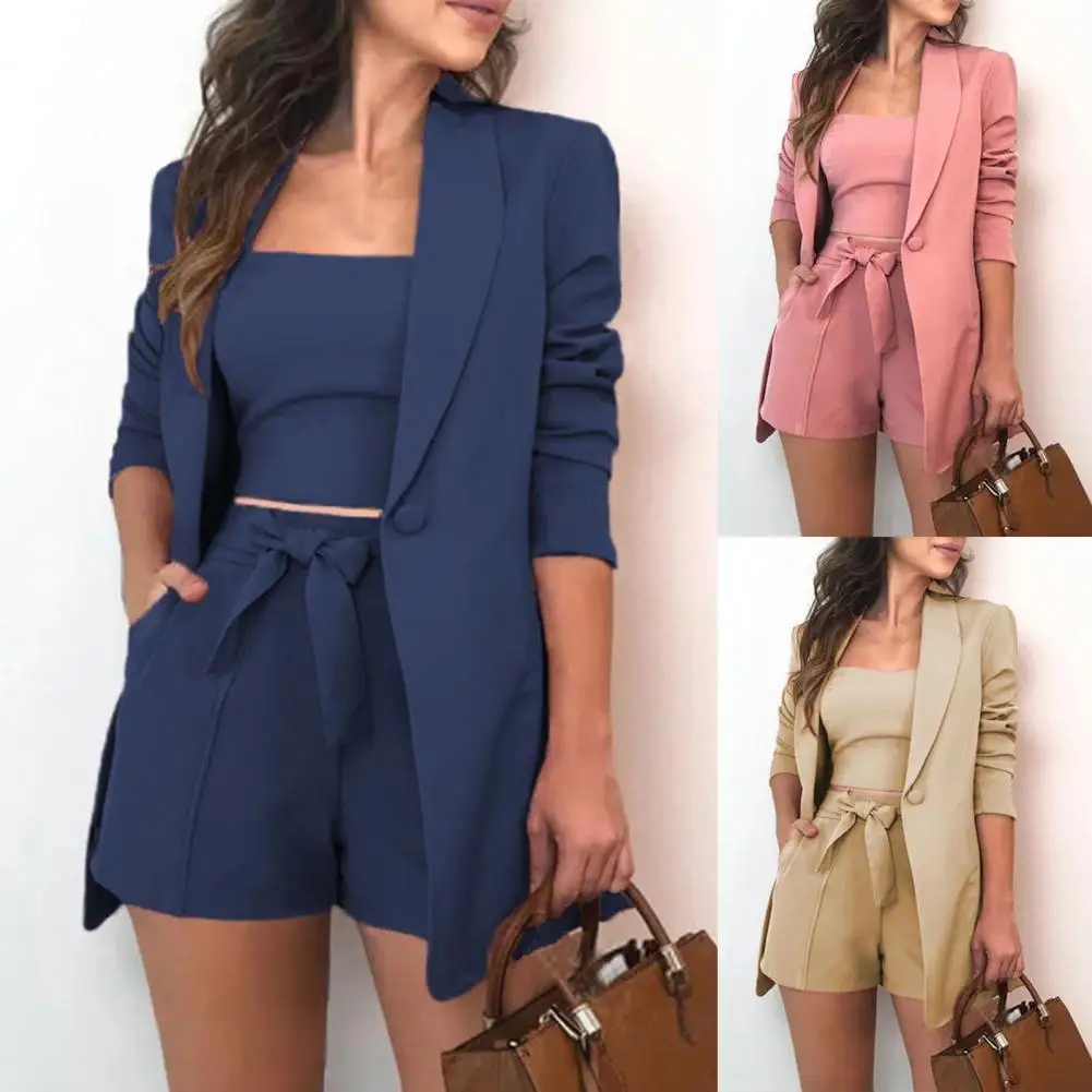 3pcs/Set Office Lady Outfits Long Sleeve Blazer Set Women Solid Color Blazer Coat Shorts Vest Set Woman Sexy Suit Summer Clothes