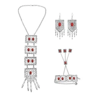 vintage afghan silver color metal red stone necklace bracelet earrings sets for women bohemian gypsy party indian jewelry sets