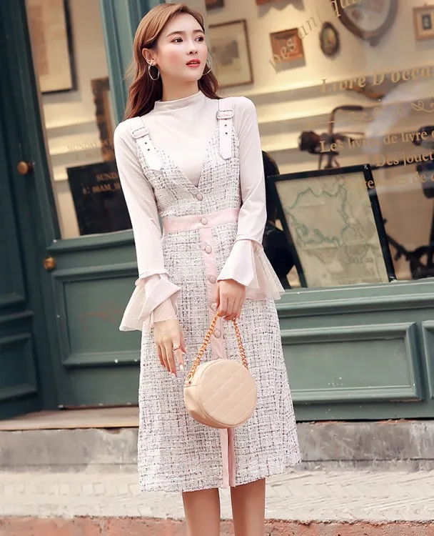 only tweed dress Взлетно-посадочной полосы твид платье на тонких бретельках осень-зима Для женщин Винтаж однобортное пальто с v-образным вырезом облегающее платье вечерние платья - Цвет: only tweed dress