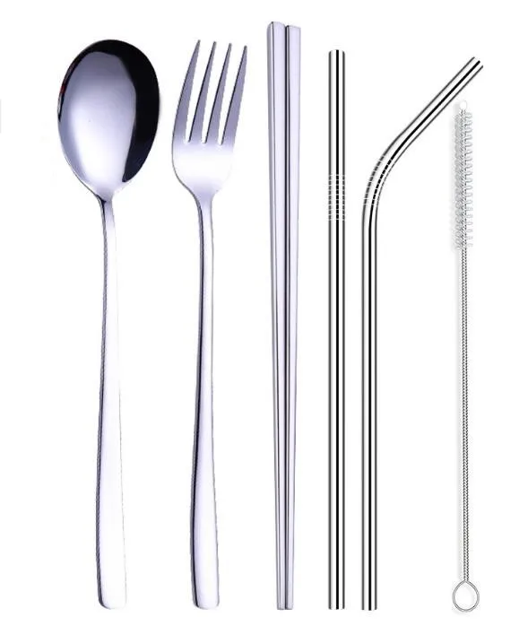 silver set Лидер продаж, набор посуды 5 шт./компл. многоразовые Нержавеющая сталь комплект переносной посуды с Ложка Вилка Набор ножей и Чистящая Щетка - Цвет: silver set