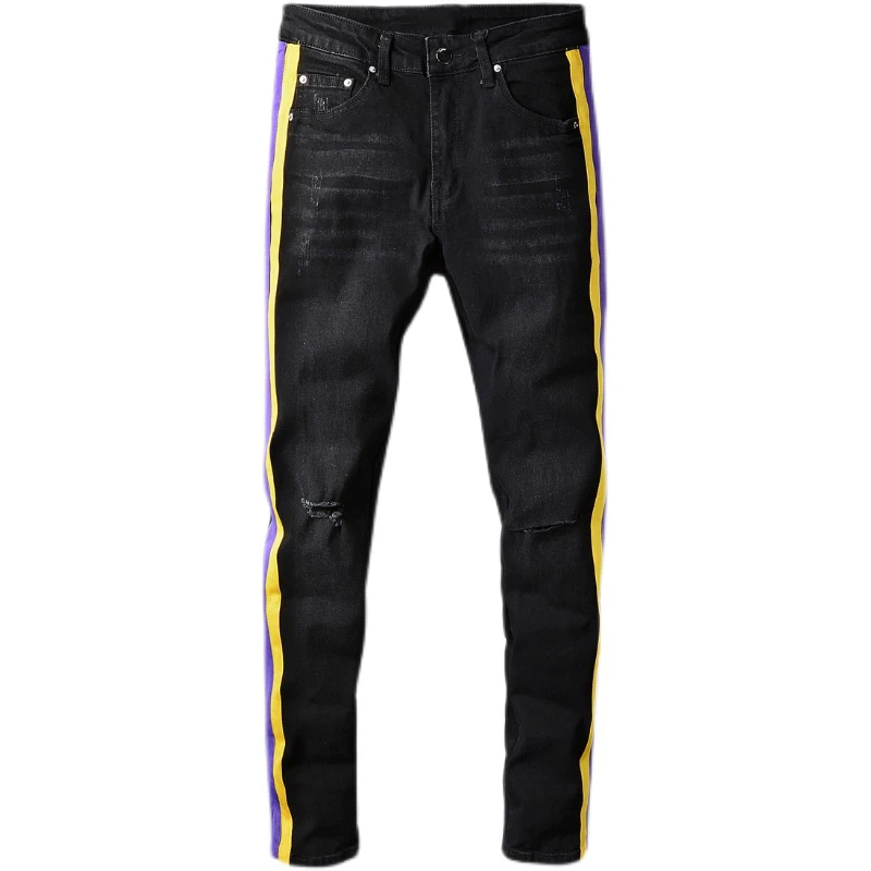 

Новинка, мужские рваные джинсы в полоску, Стрейчевые джинсы, уличная одежда, облегающие брюки-карандаш, черные потертые брюки с дырками, 682