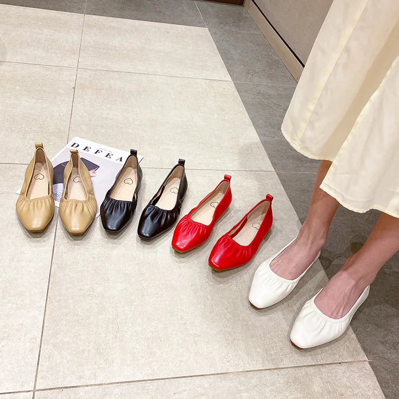 

Shoes Woman Zapatos De Mujer Flats Ladies Black Sneakers Genuine Leather Casual Square Toe Mary Janes Shallow off white