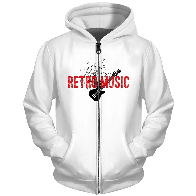 

White Zipper Mens Hoodies 3D Casual Music Jackets Coats Males Classic Retro Music Polyester Mens Zipper Hoodies Custom Coats