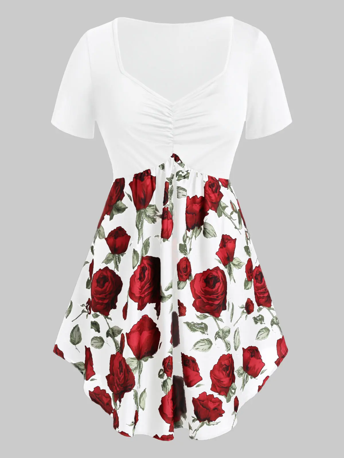 ROSEGAL размера плюс Cinched Rose Print Туника Футболка Милая шея короткий рукав Цветочный