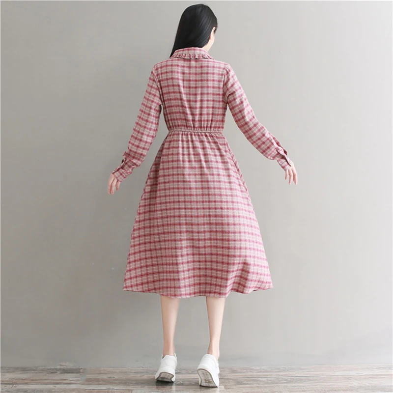 Осеннее женское платье с длинным рукавом винтажное хлопковое и льняное в клетку