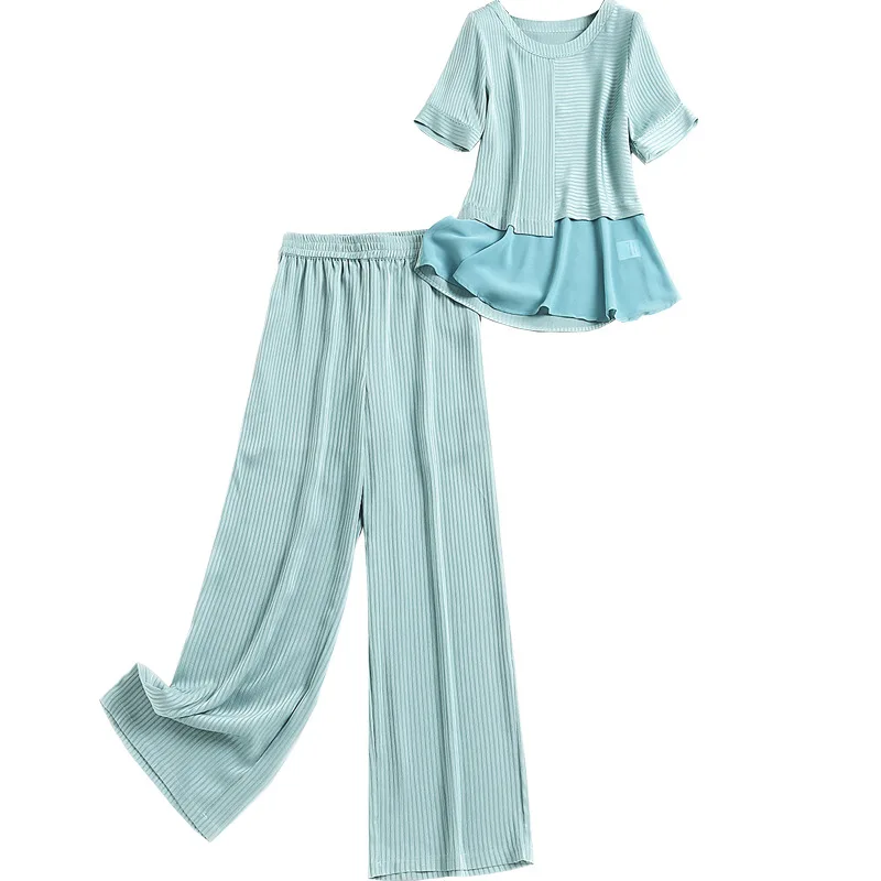 

Women striped chiffon tops pants suits casual two piece set summer 2021 patchwork short sleeve tshirts and wide leg pants