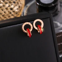 luxury brand roman numerals cubic zirconia stud earrings for women double circle titanium steel earrings female wedding jewelry