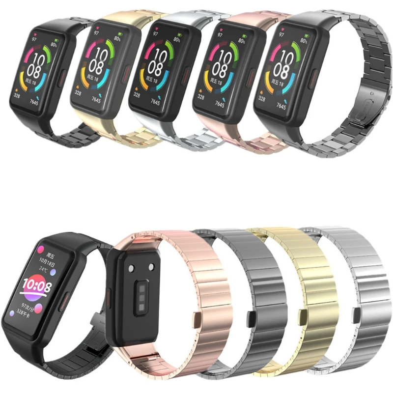 

Браслет из нержавеющей стали, ремешок для умных часов Huawei Honor Band 6, сплошной ремешок из нержавеющей стали с двойной застежкой