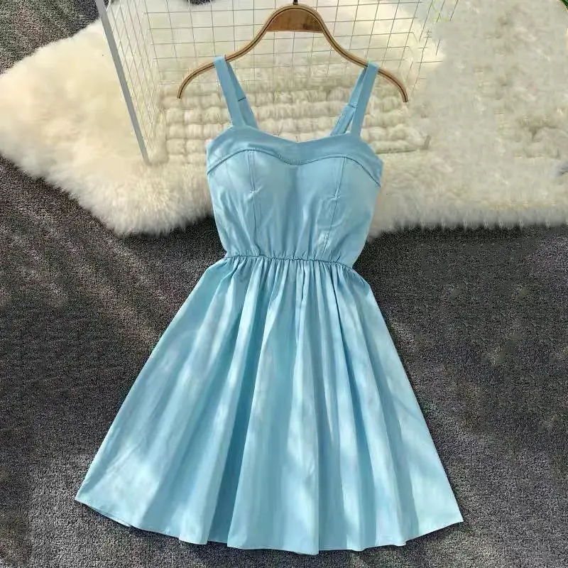 Sky Blue Marwin/Новинка года; летнее Однотонное Платье До Колена на бретельках без бретелек; уличные праздничные платья в стиле ампир - Цвет: Sky Blue