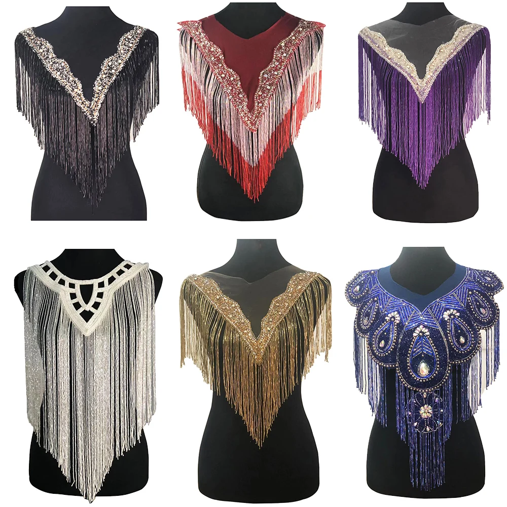 Бисер ручной работы нашивки с бахромой стразы аппликация сетка элегантные