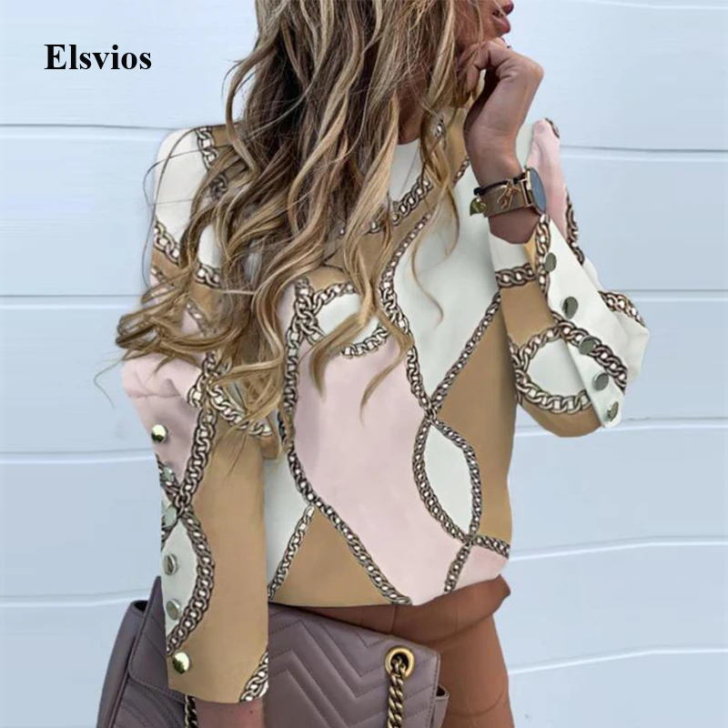 Женская блузка на пуговицах элегантная офисная с круглым вырезом и принтом