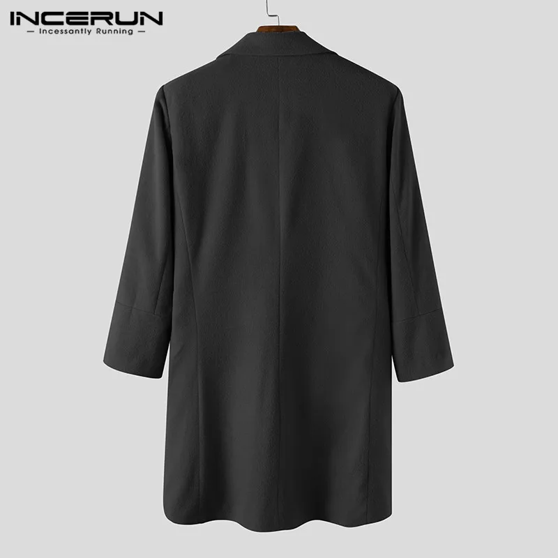 

INCERUN Winter Fashion Men Coats Lapel Solid Color Double Breasted Jackets 2021 Faux Wool Blends Streetwear Long Sleeve Overcoat