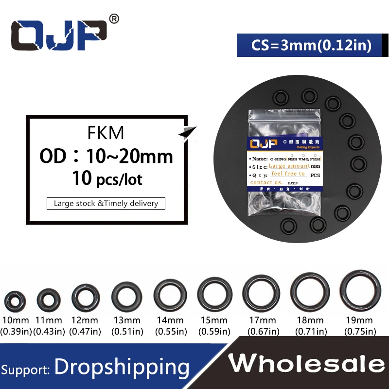 10PCS/lot Fluorine rubber Ring Black FKM Oring Seal OD10/11/12/13/14/15/16/17/18/19/20*3mm Rubber O-Ring Gaskets Washer | Обустройство