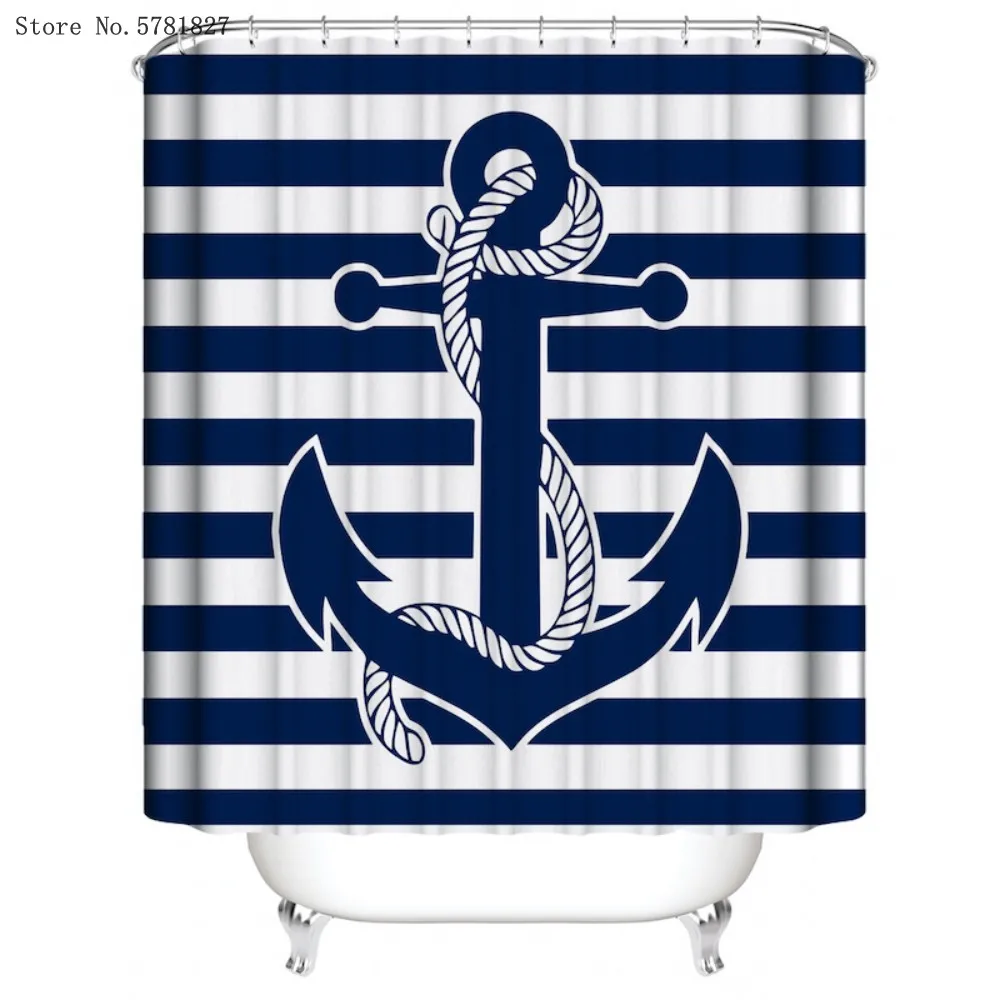 34 pieces blue anchor shower curtains sets euro nautical carpet pedestal rug lid toilet cover bath mat sea marine bathroom sets free global shipping