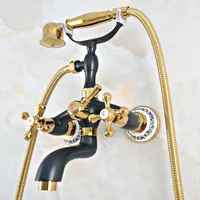 Gold Black Oil Rubbed Bronze Double Handles Wall Mounted Bathroom Clawfoot Bathtub Tub Faucet Mixer Tap w/ Hand Shower Lna406