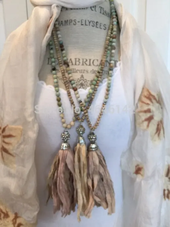 Sari Silk Tassel Knot Amazonite Stone Necklace Boho Picture Jasper Bead Long Women Pendant |