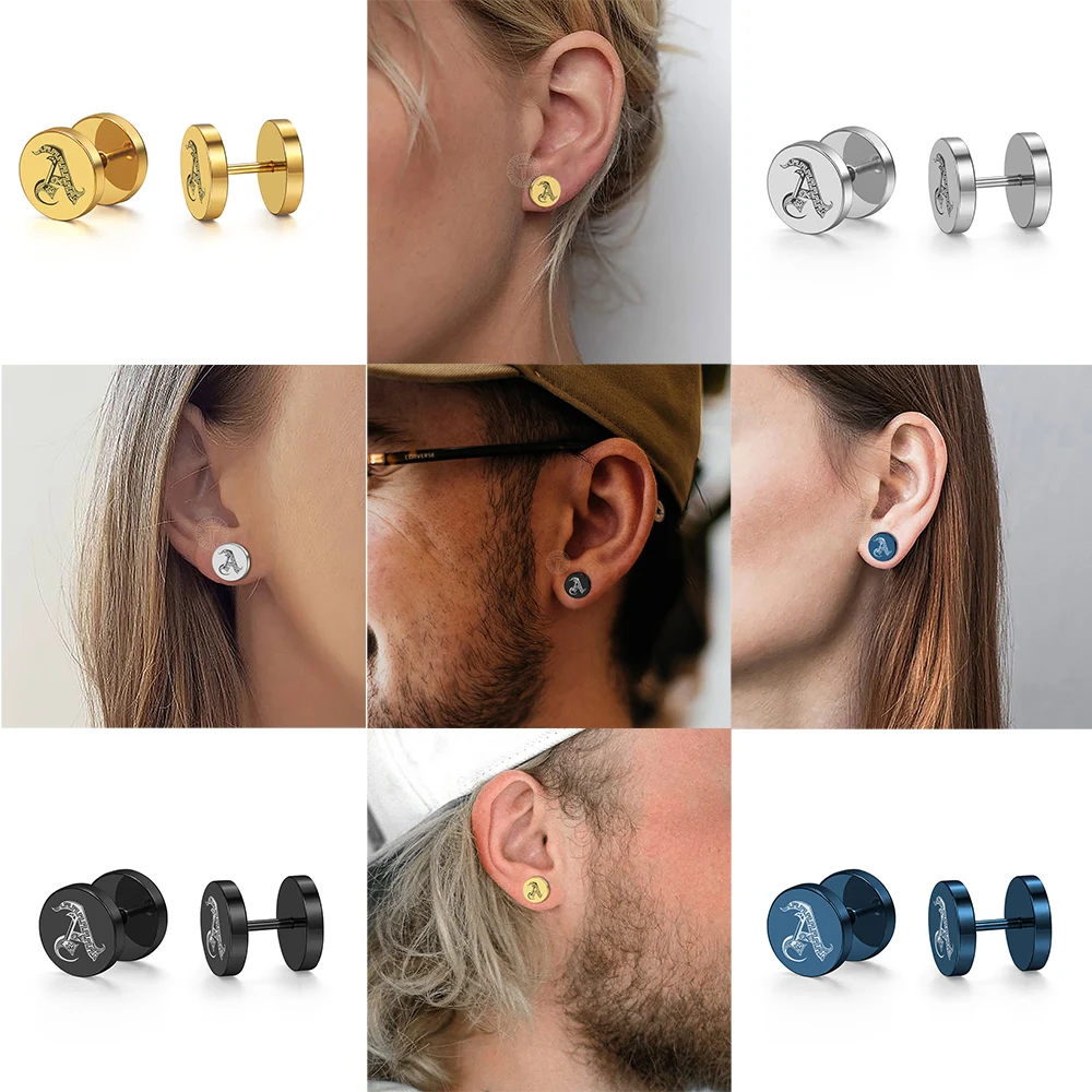 Punk Earrings For Men Women Name Piercing Stud Earrings Letter Jewelry 10mm Stainless Steel Blue Black Gold Silver Color LKE205A