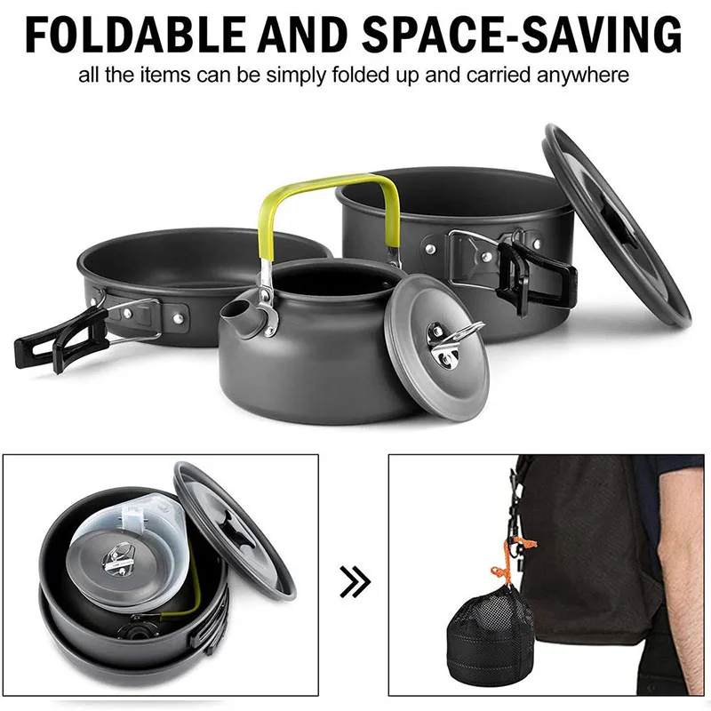 Portable Camping Cookware Utensils Set Water Kettle Pot Frying Pan Bowl Aluminum Cooking Tableware For Picnic BBQ Hiking | Спорт и