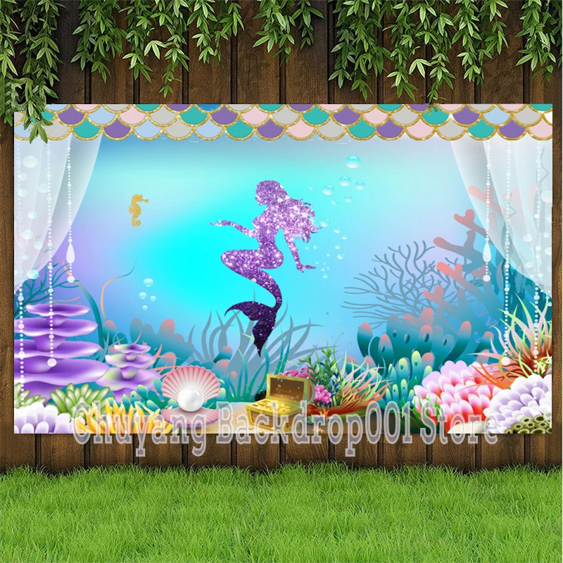 Little Mermaid Ariel Photo Backdrop Girls Custom Curtain Kids Happy Birthday Party Decoration Photography Backgrounds Banner
